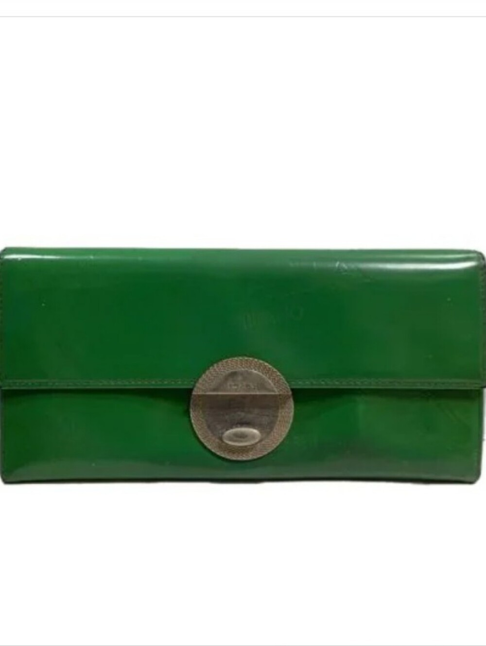 PRADA MILANO Green Patent Leather Clutch Wallet , Silver Hardware